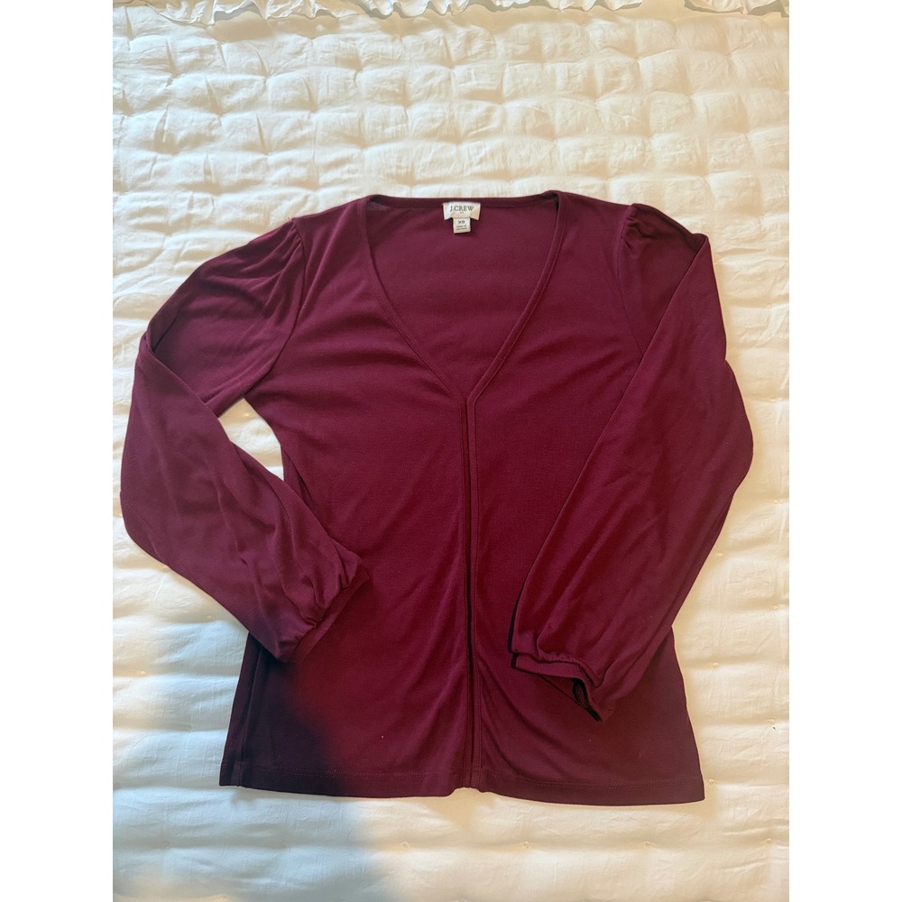 J.Crew Burgundy V-Neck Puff Shoulder Ribbed Knit Long Sleeve Top XS
